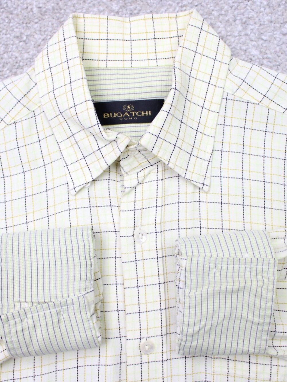 Bugatchi Uomo Shirt Mens Large Yellow Check Modal Rayon/Poly Blend Long Sleeve